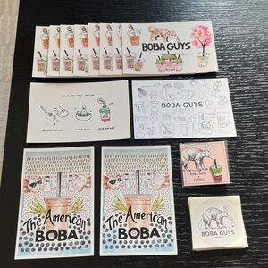 Bundle Boba Guys Pin + Boba Guys stickers and assorted postcards. New (BBG pink)